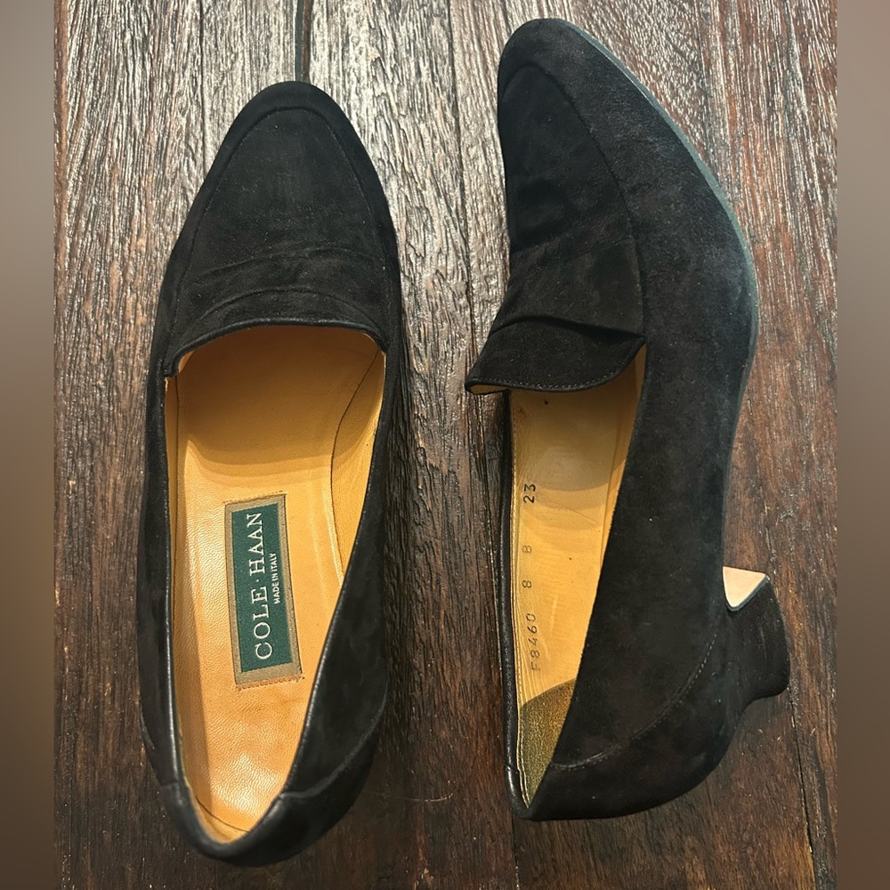 Cole Haan Vintage Black Suede Heeled Made in Italy Loafers - Picture 5 of 8